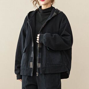 加绒加厚格子棉衣棉服女士冬季大码宽松复古做旧连帽短款牛仔外套