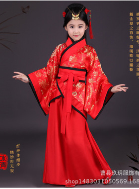 儿童古装女童汉服公主服饰红色曲裾演出服装古筝表演服仙女裙