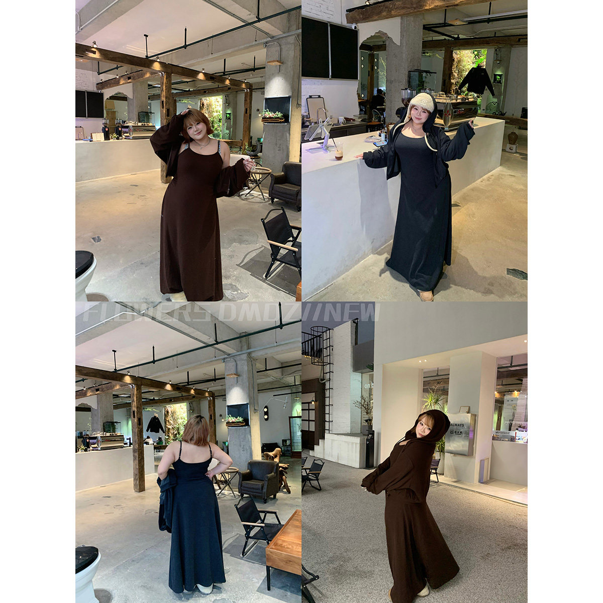 全球花【藏肉模范】大码高克重奥粒绒连帽卫衣显瘦吊带连衣裙套装