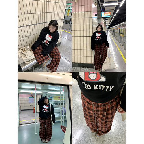 大码美式复古格子裤阔腿休闲裤