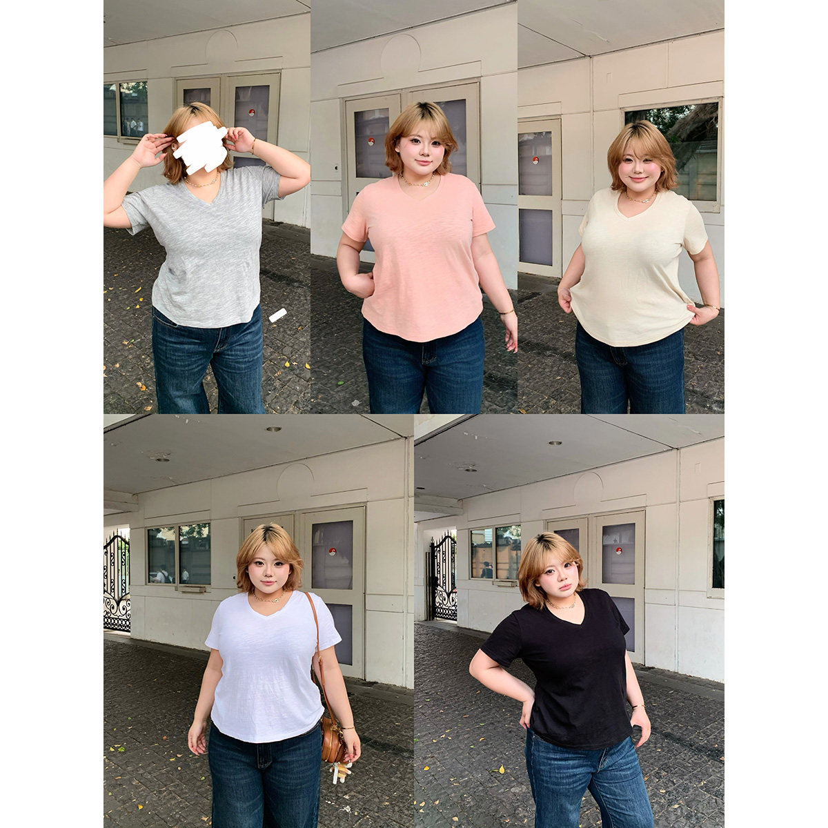 全球花【慵懒随性T】大码纯棉正肩V领短袖T恤竹节棉宽松显瘦上衣