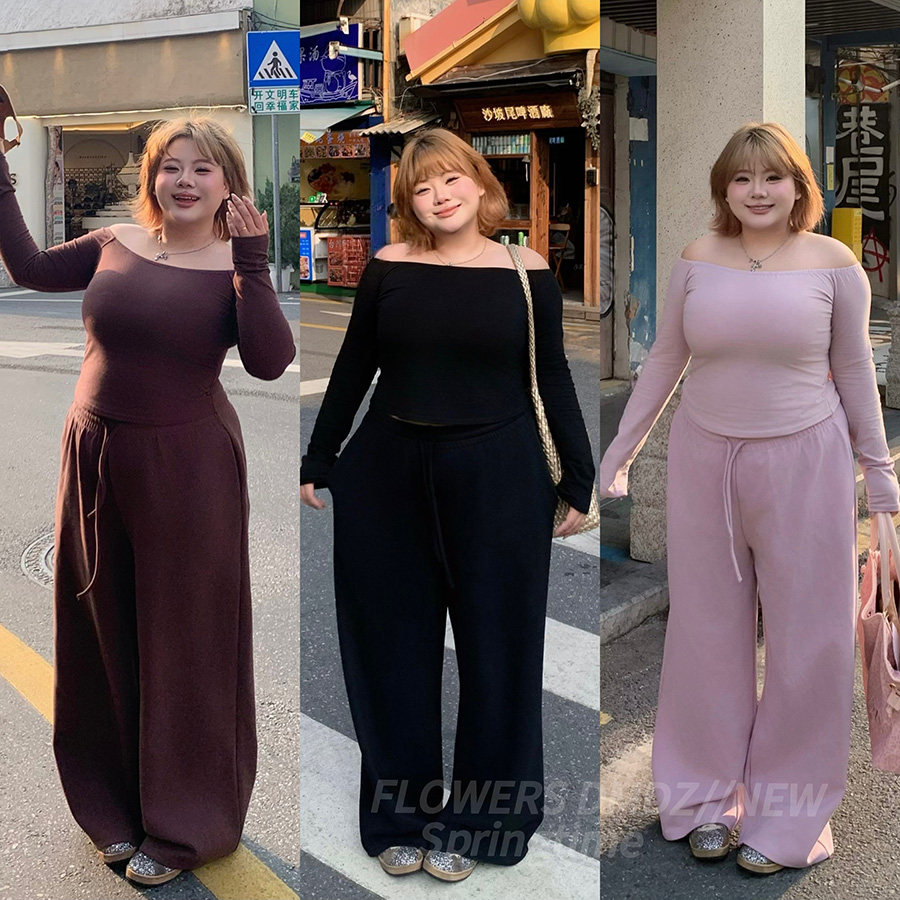 全球花【甜酷懒人】大码一字肩修身显瘦上衣高腰直筒阔腿裤套装女