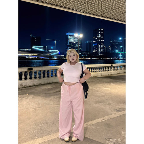 大码多巴胺粉色条纹裤阔腿裤女
