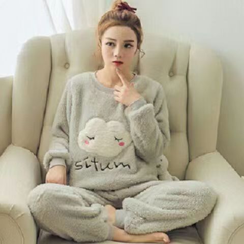 ins风珊瑚绒睡衣女春秋冬款长袖加绒保暖法兰绒甜美可爱外穿套装