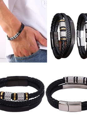 跨境亚马逊不锈钢男款手链创意编制皮革手镯欧美个性时尚磁吸手环