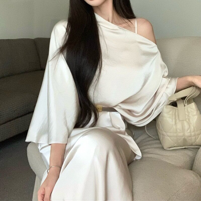 法式气质感缎面吊带鱼尾连衣裙女秋季宽松斜肩衬衫上衣两件套