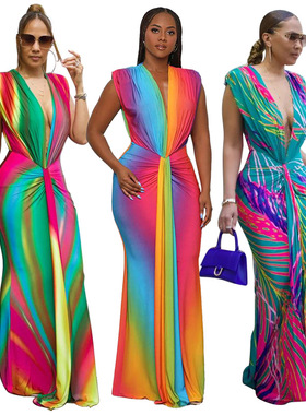 k10736 跨境亚马逊欧美时尚女装无袖印花性感深v修身连衣裙新