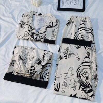 日系仿棉夏季睡衣女短袖软萌猫咪三件套装休闲大码春秋薄款家居服