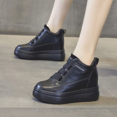 黑色内增高女鞋 2026年秋冬真皮厚底显高显瘦魔术贴高帮休闲运动鞋