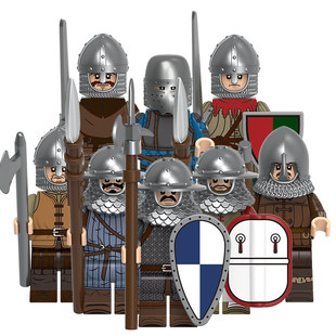 适用乐高积木人仔中古民兵战士弓弩手士兵盔甲盾牌拼装玩具V1006