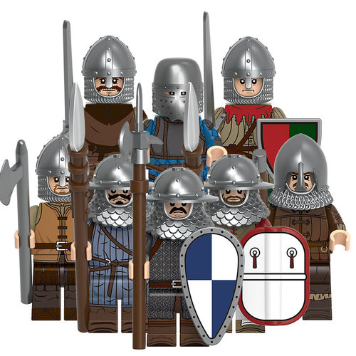 适用乐高积木人仔中古民兵战士弓弩手士兵盔甲盾牌拼装玩具V1006