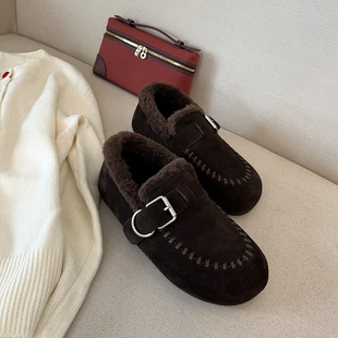 手工头层牛皮绒胖头保暖平底鞋 羊毛圆头雪地靴跟高1CM