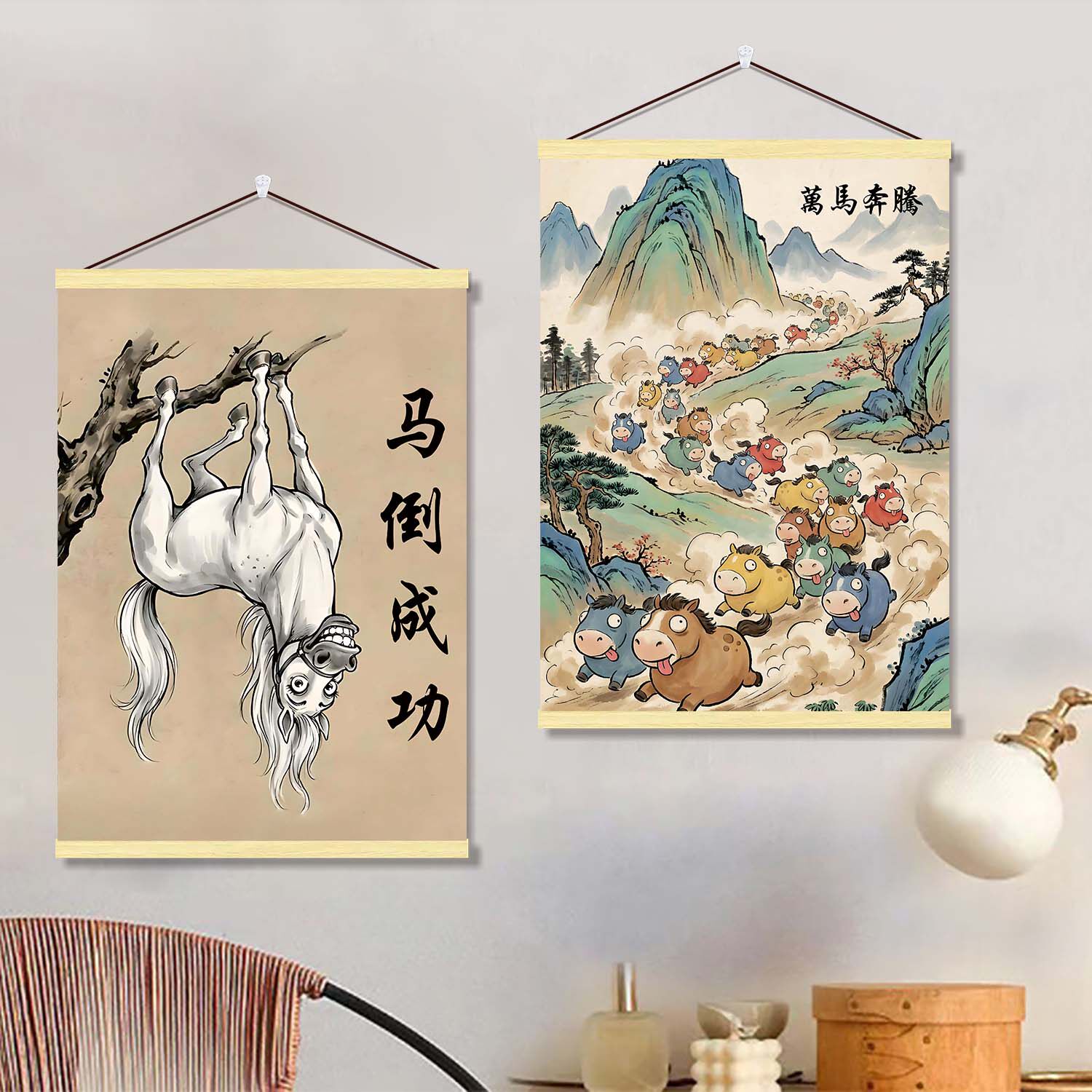 万马奔腾搞怪Q版可爱卡通挂画书房客厅卧室背景墙创意装饰壁纸