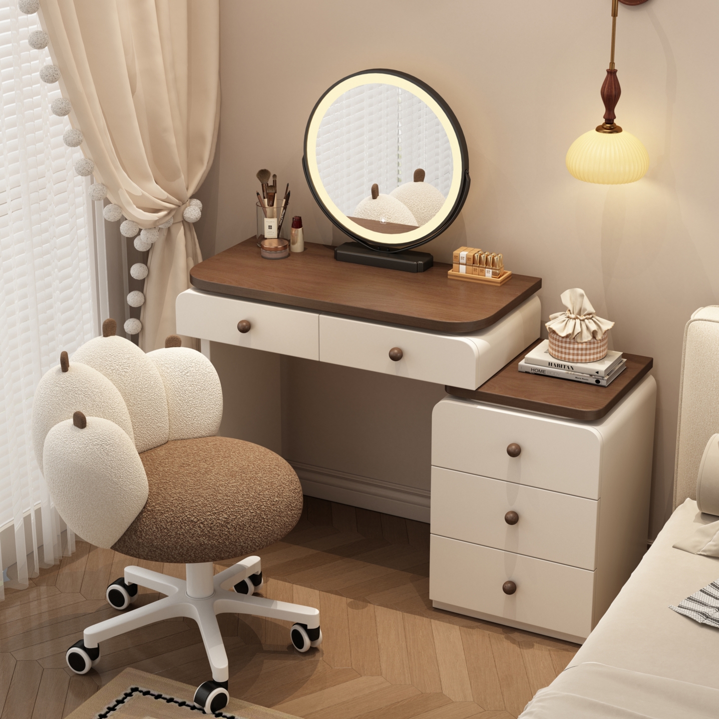 小户型实木梳妆台卧室现代简约主卧中古奶油风60cm化妆桌斗柜一体