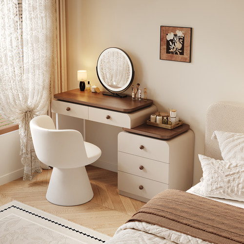 实木梳妆台卧室现代简约中古奶油风小户型高挡化妆桌收纳柜一体