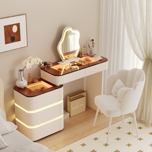 实木梳妆台卧室现代简约奶油风小户型梳妆台斗柜化妆桌收纳柜一体