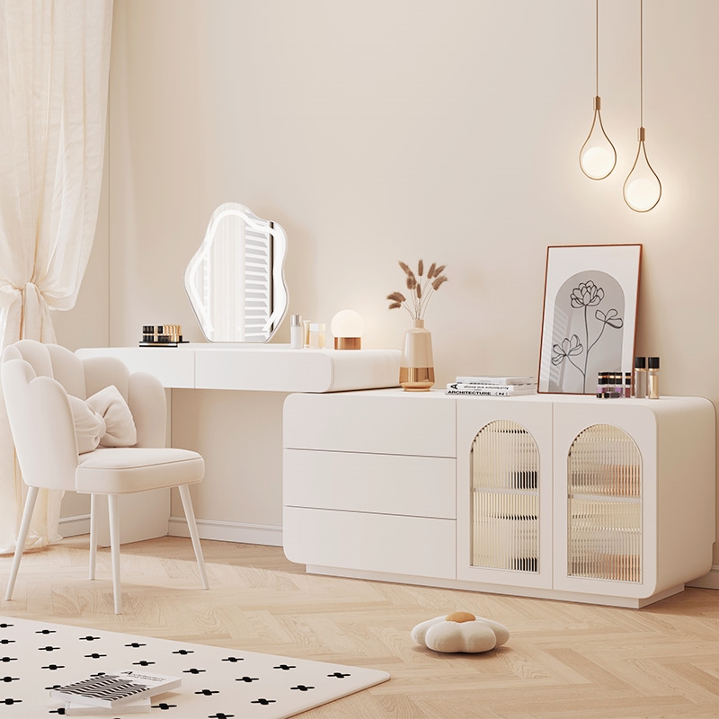奶油风肤感全实木烤漆梳妆台书桌