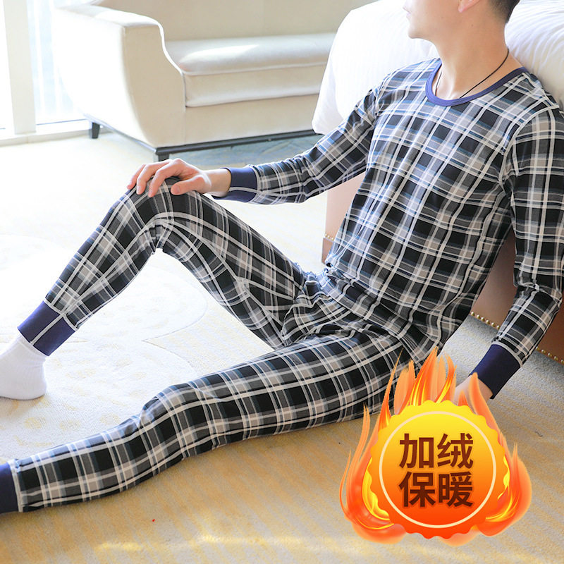 加绒加厚内衣男套装格子青年男士抗寒保暖学生打底男士内衣套装