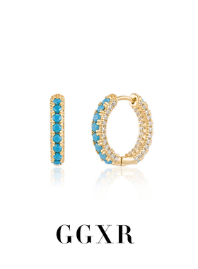 GGXR 欧美蓝松石双排锆石耳环无耳洞耳夹蓝绿色显白环形耳钉通勤