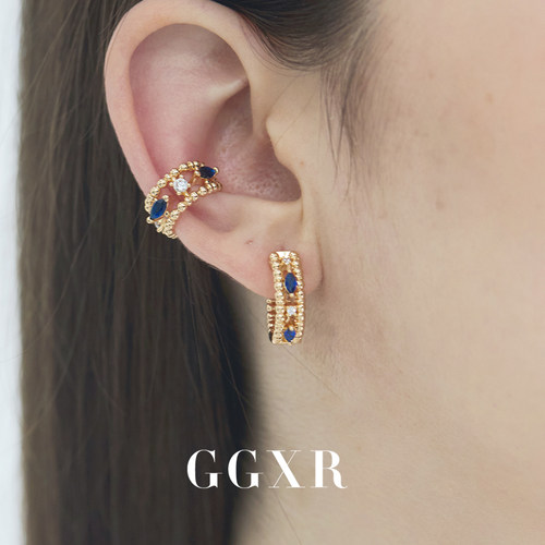 GGXR 金色珠珠蓝色马眼钻耳环无耳洞耳夹耳骨夹