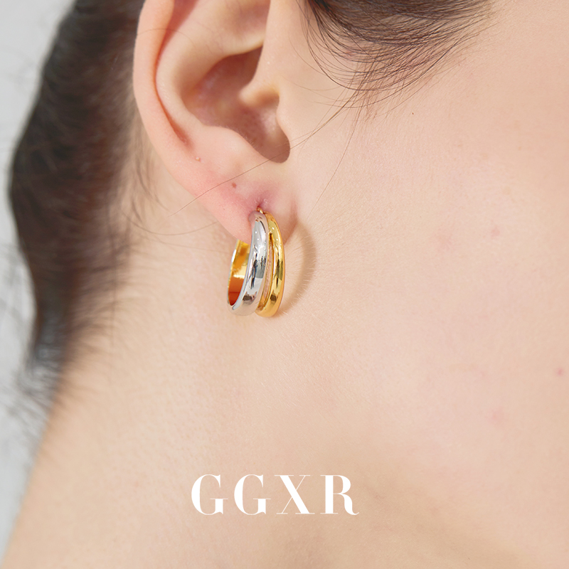 GGXR 欧美金银拼色气质女hoop圈圈耳环无耳洞耳夹饰品女无耳洞