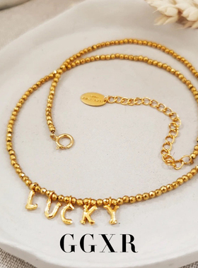 GGXR 925银复古手工锤纹字母lucky小金豆项链毛衣链法式复古项链