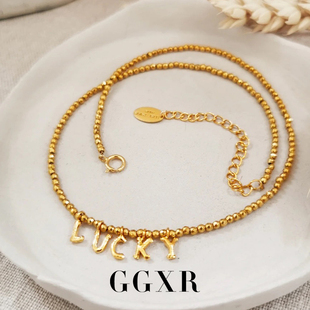 GGXR 复古项链 925银复古手工锤纹字母lucky小金豆项链毛衣链法式