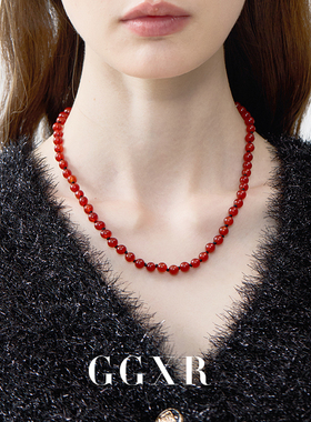 GGXR 新中式 天然红玛瑙手工打结串珠项链锁骨链 显白串珠项链