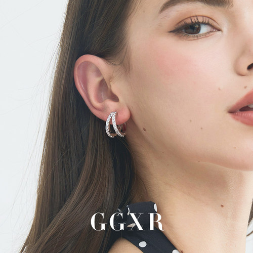 GGXR 双层镶钻活彩锆石耳环无耳洞耳夹 简约日常饰品女无耳洞闪钻