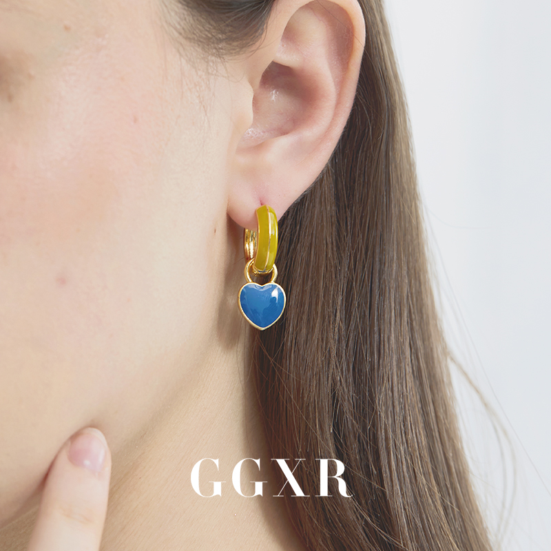【新品】GGXR 黄蓝撞色爱心耳环无耳洞耳夹 法式甜美耳环