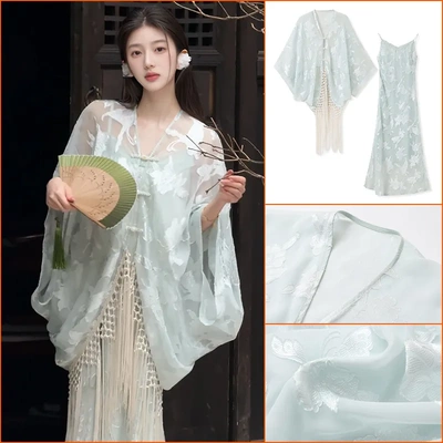 2026新款夏季国风新款高端开衫宽松外套仙气吊带连衣裙套装女 N31
