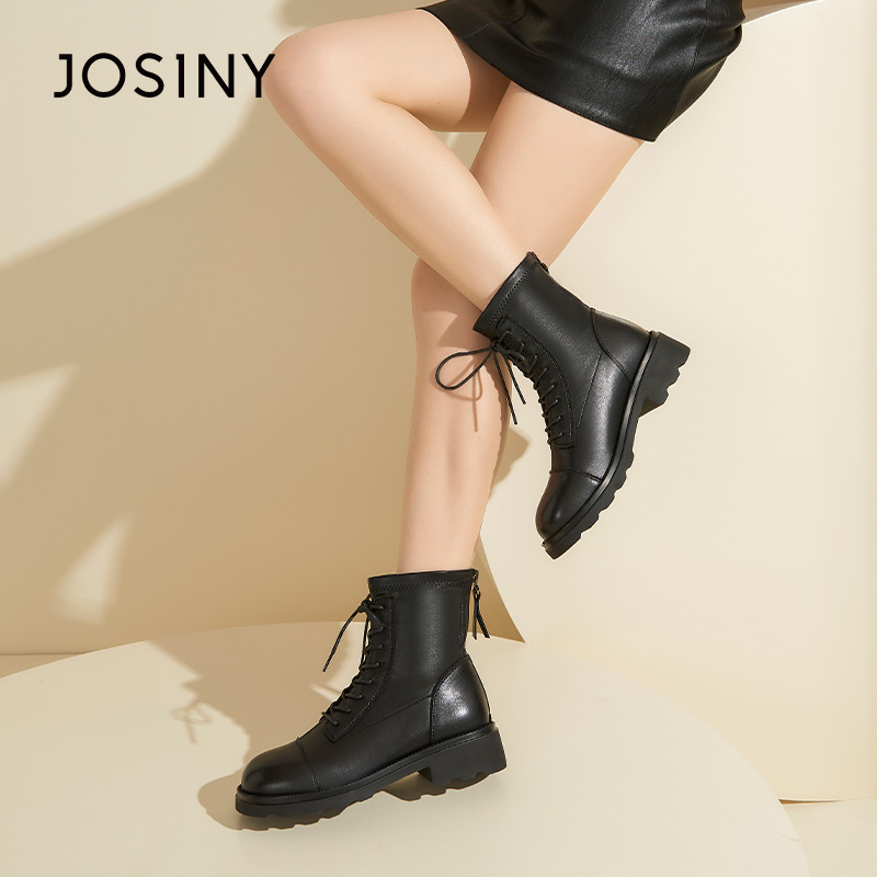 卓诗尼女鞋短筒马丁靴英伦风秋冬季厚底八孔圆头拼接显瘦短靴百搭