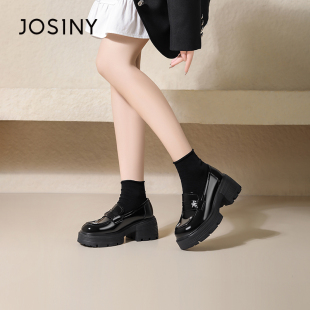 女漆皮粗跟一脚蹬百搭显高小皮鞋 卓诗尼撤柜正品 英伦风厚底乐福鞋