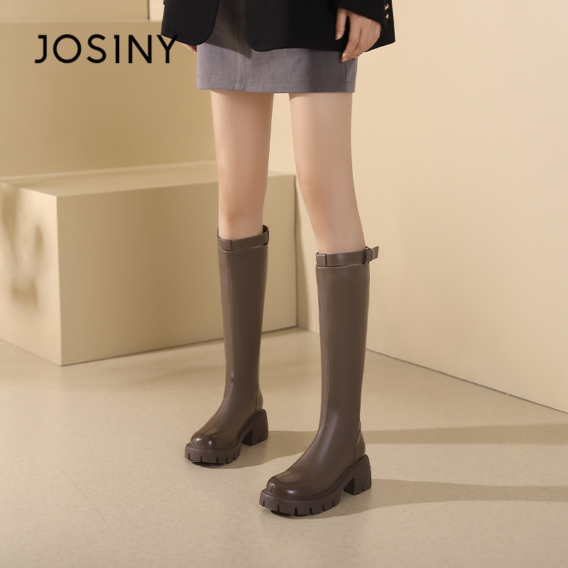 卓诗尼冬女靴撤柜正品长筒靴复古擦色圆头厚底摩登骑士靴百搭显瘦