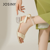 卓诗尼女凉鞋 露趾甜美珍珠飘带中粗跟网纱帮面水晶跟配裙子 夏新款