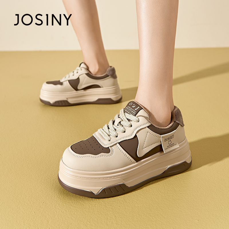 卓诗尼女鞋冬季撤柜正品系带撞色休闲板鞋圆头厚底显高时尚百搭潮