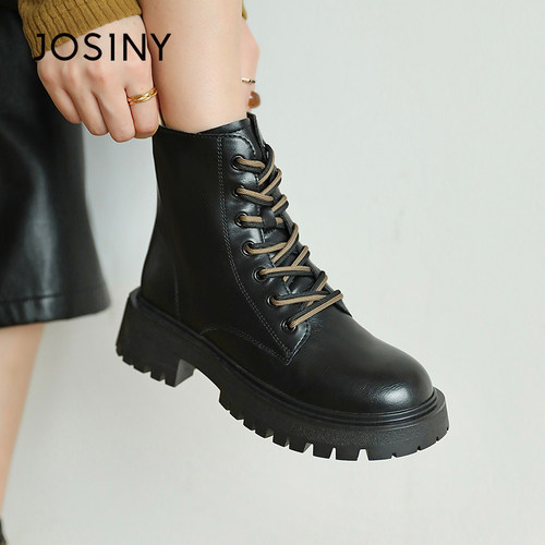 卓诗尼冬季女靴撤柜正品女士短筒靴圆头粗跟厚底增高保暖马丁靴