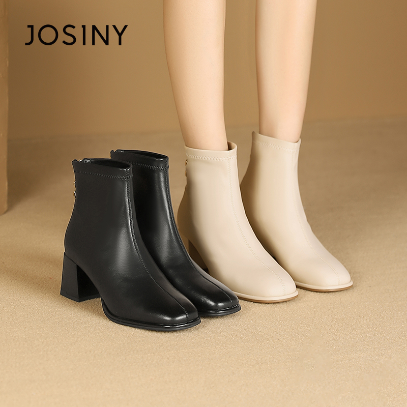 卓诗尼秋冬季女士短筒靴子圆头粗高跟侧拉链及踝加绒加厚保暖休闲