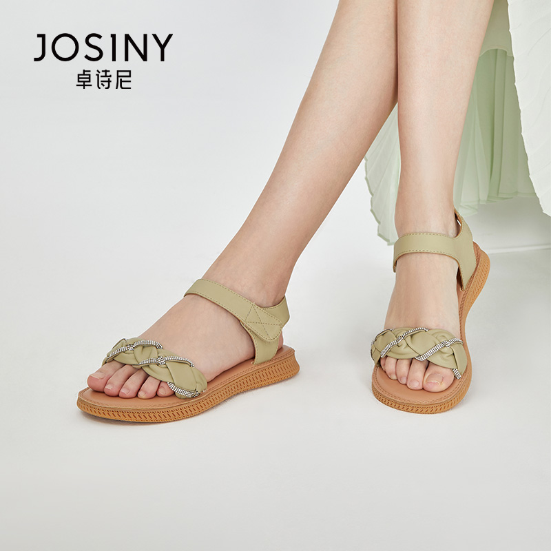 卓诗尼夏季女士凉鞋撤柜正品水钻缠绕麻花一字凉鞋平底舒适百搭潮