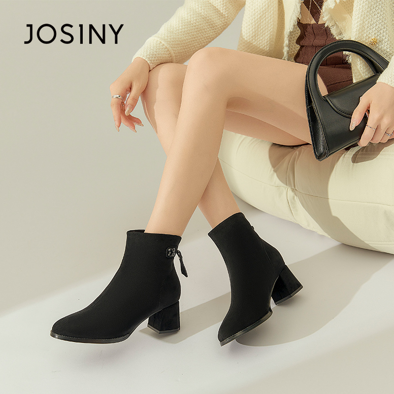 卓诗尼冬季新款女靴子女士短筒靴子绒面尖头粗高跟加厚保暖时装靴