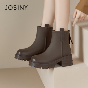 卓诗尼女鞋撤柜正品女靴冬季加绒保暖马丁靴中粗跟厚底烟筒靴短靴