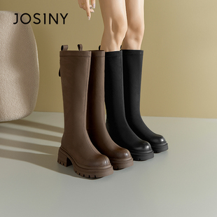 卓诗尼冬季新款女士长筒靴子圆头粗跟时装休闲骑士靴百搭通勤韩版