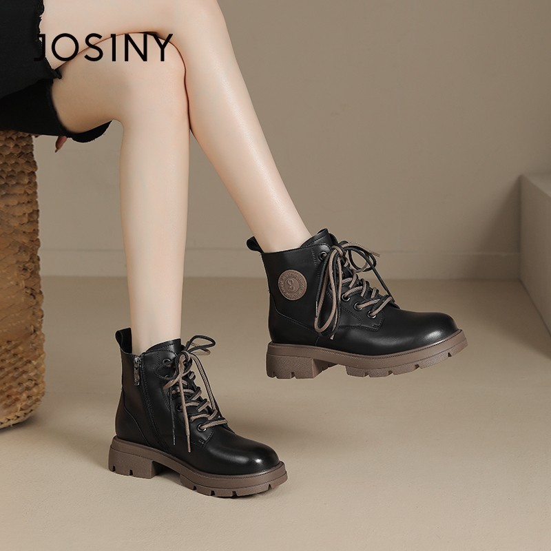卓诗尼撤柜正品女鞋秋冬复古学院休闲马丁靴双色鞋带圆头厚底百搭