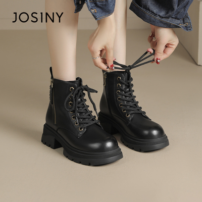 卓诗尼女鞋秋冬撤柜正品马丁靴复古圆头时尚耐磨增高显瘦休闲百搭