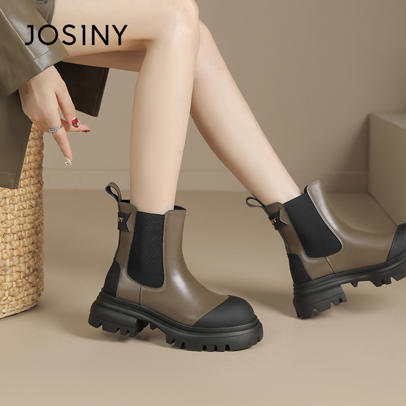 卓诗尼女短筒靴撤柜正品休闲百搭韩系复古切尔西靴撞色防踢圆头潮