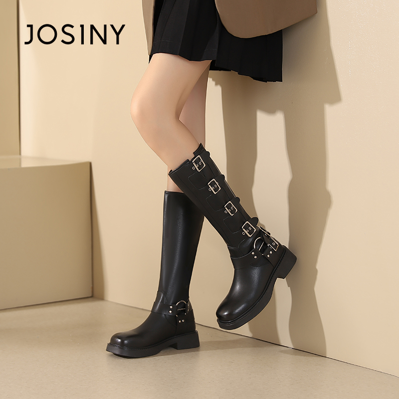 卓诗尼女鞋长筒靴子圆头平跟系带