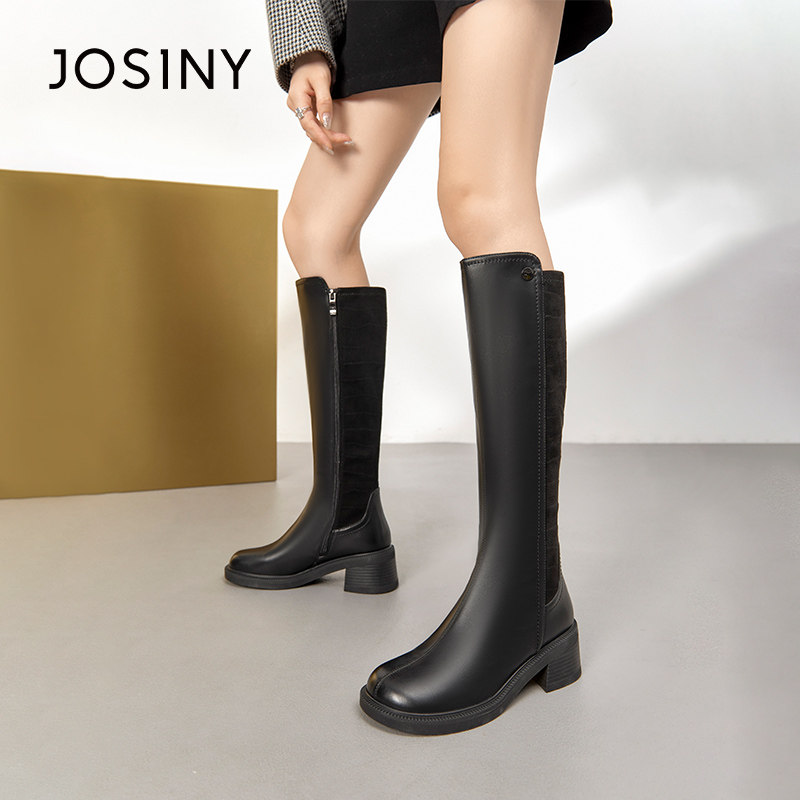 卓诗尼女鞋高筒骑士靴秋冬新款气质时尚圆头粗跟舒适简约拼接靴筒,女鞋,骑士靴,淘宝优惠券,粉丝福利购,淘宝优惠卷