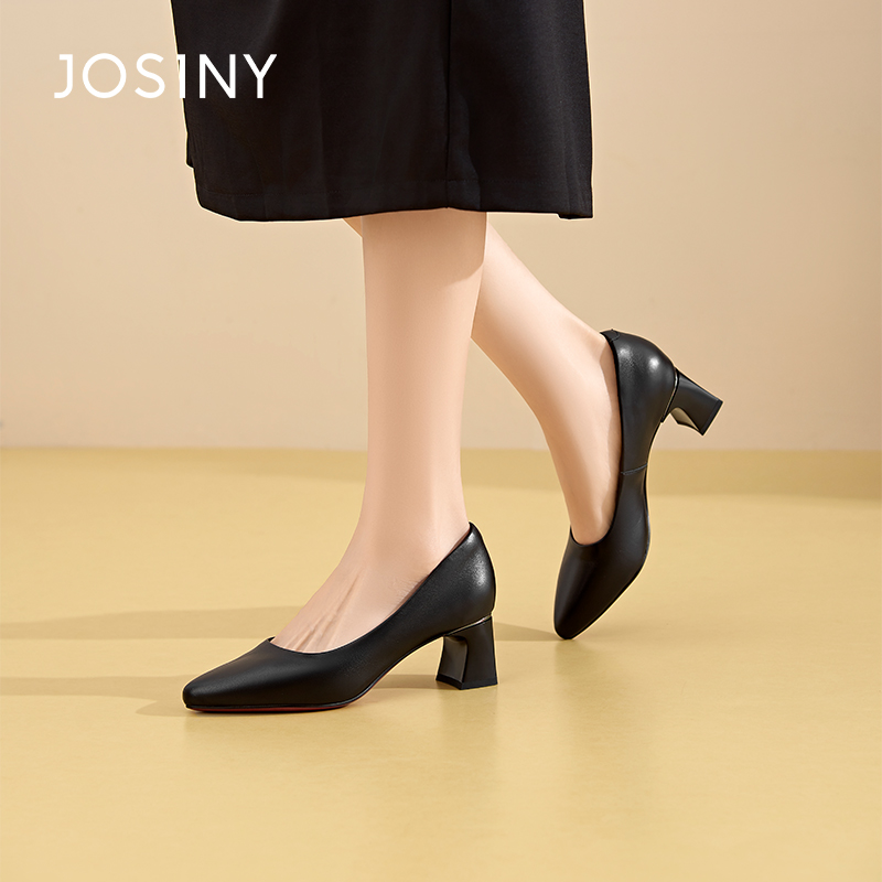 卓诗尼黑色粗跟单鞋通勤鞋