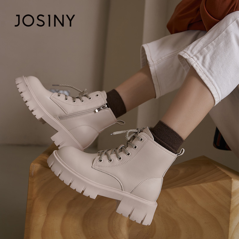 卓诗尼女鞋正品撤柜秋冬款马丁靴黑色齿轮厚底中筒马丁靴舒适圆头