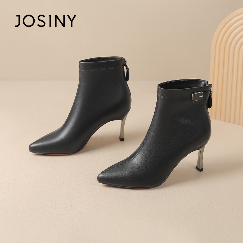 卓诗尼女鞋撤柜正品冬季新款尖头细跟短靴女真皮百搭高跟马丁靴